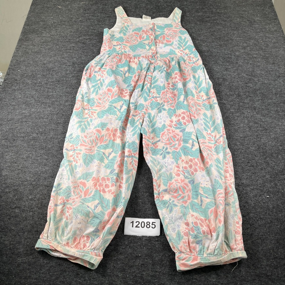 Vintage Laura Ashley Jumpsuit Womens Medium Pink Green Floral Cotton Square Neck